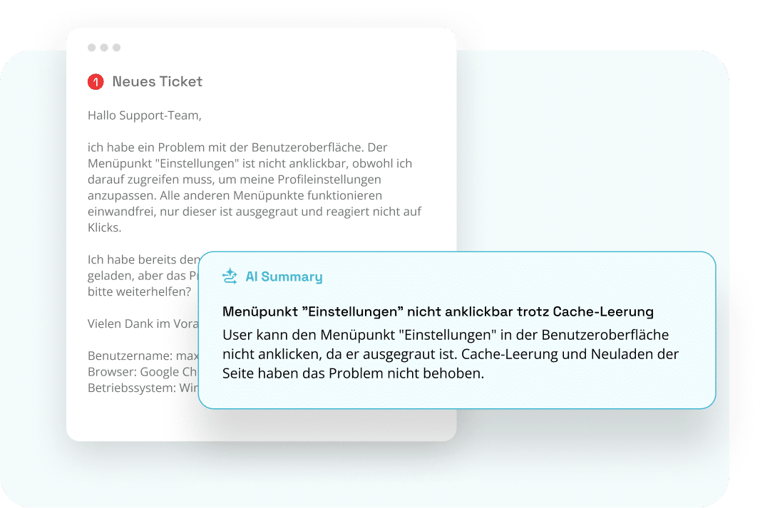 Der AI Copilot fasst Ticketinhalte kompakt zusammen